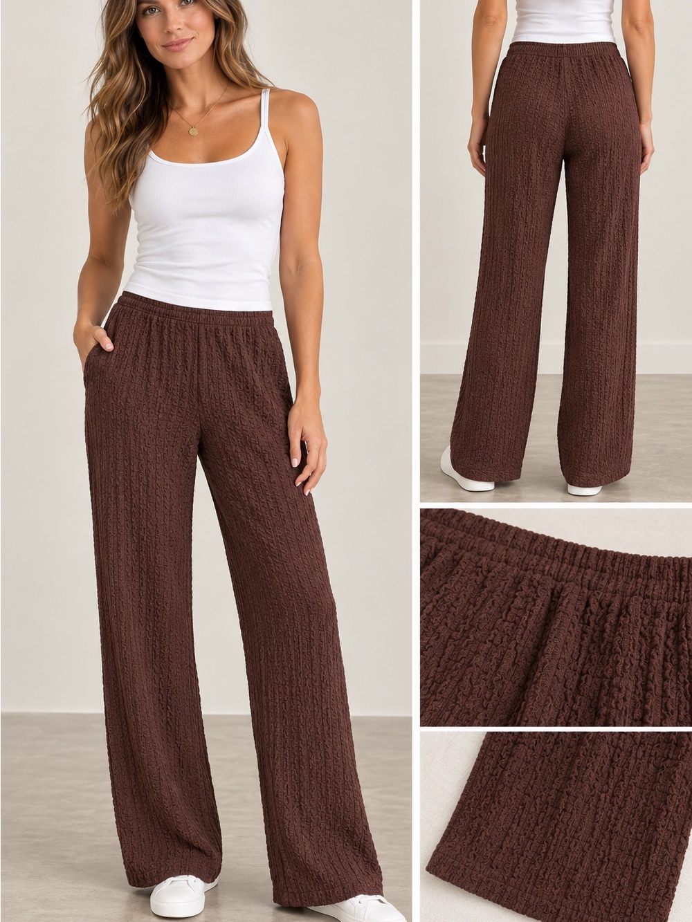 See You Monday Chocolate Brown Wide-Leg Textured Pants